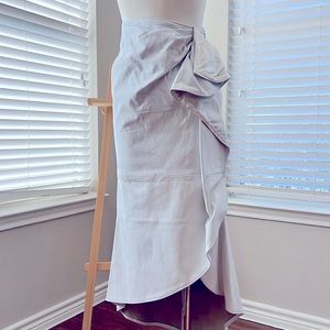 AMAZING WHITE LEATHER MIDI SKIRT STONE HUE DRAPED DETAIL ASYMMETRIC HEM